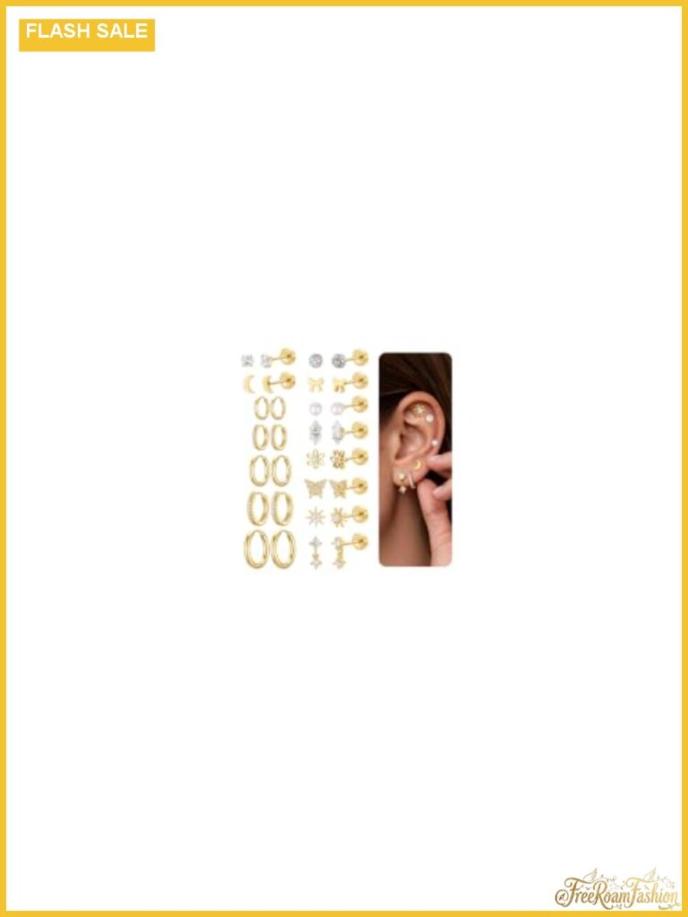 14K Gold Plated Earrings Set for Women - Hoop Stud Huggie Stackable Flat Back